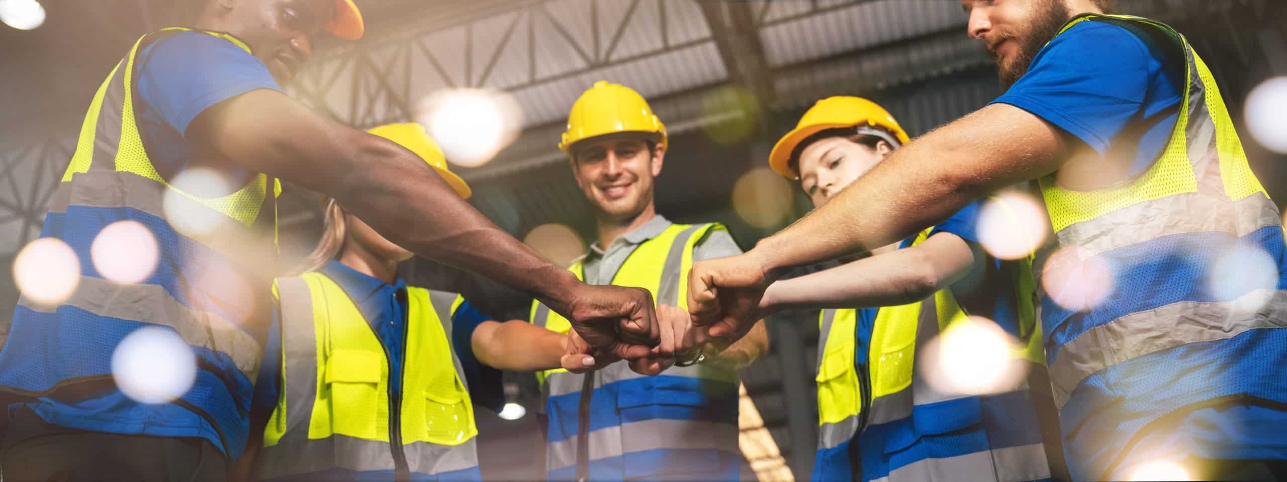 Construction team unity with fist bump gesture