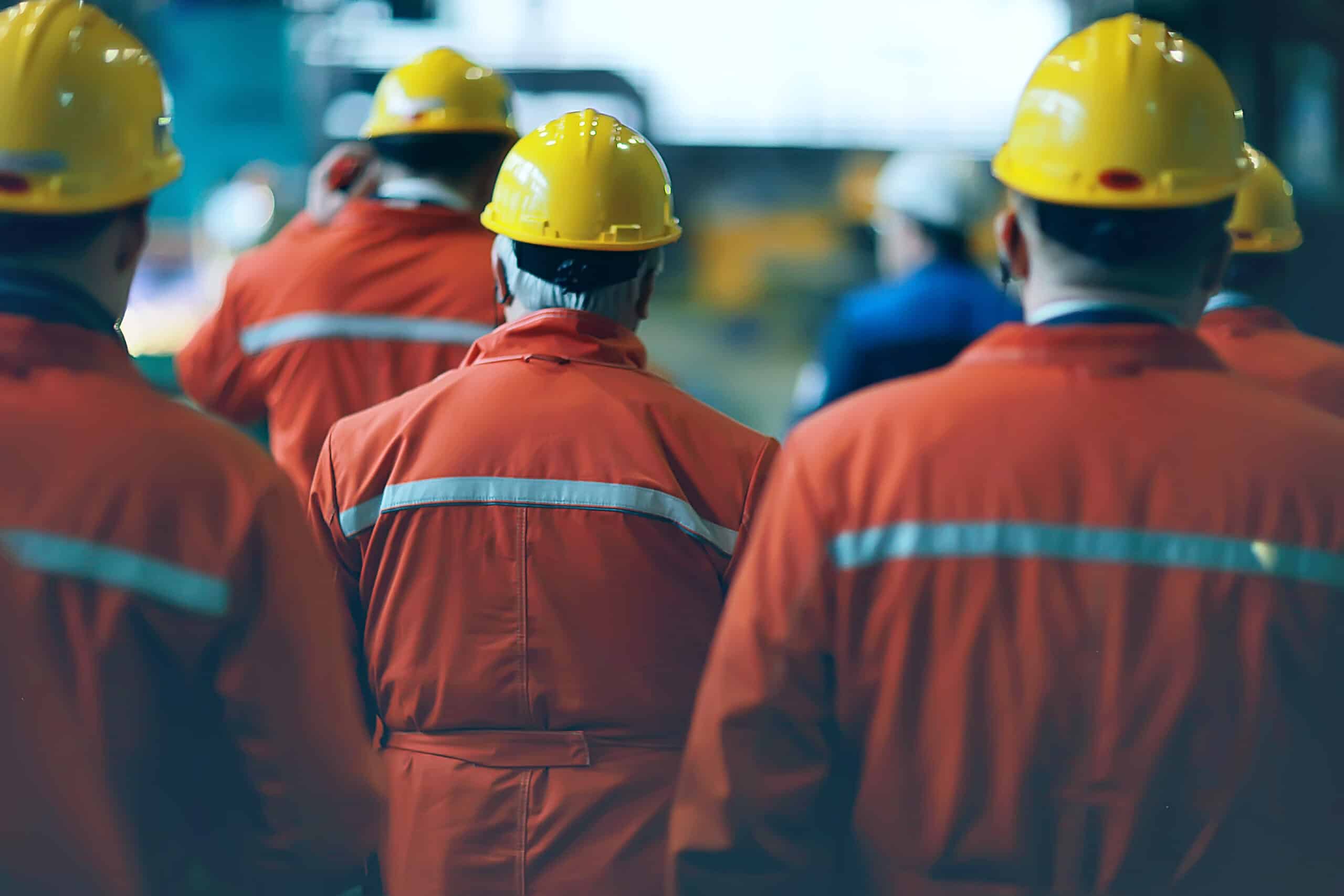 Groupe d'ouvriers en tenue de travail orange